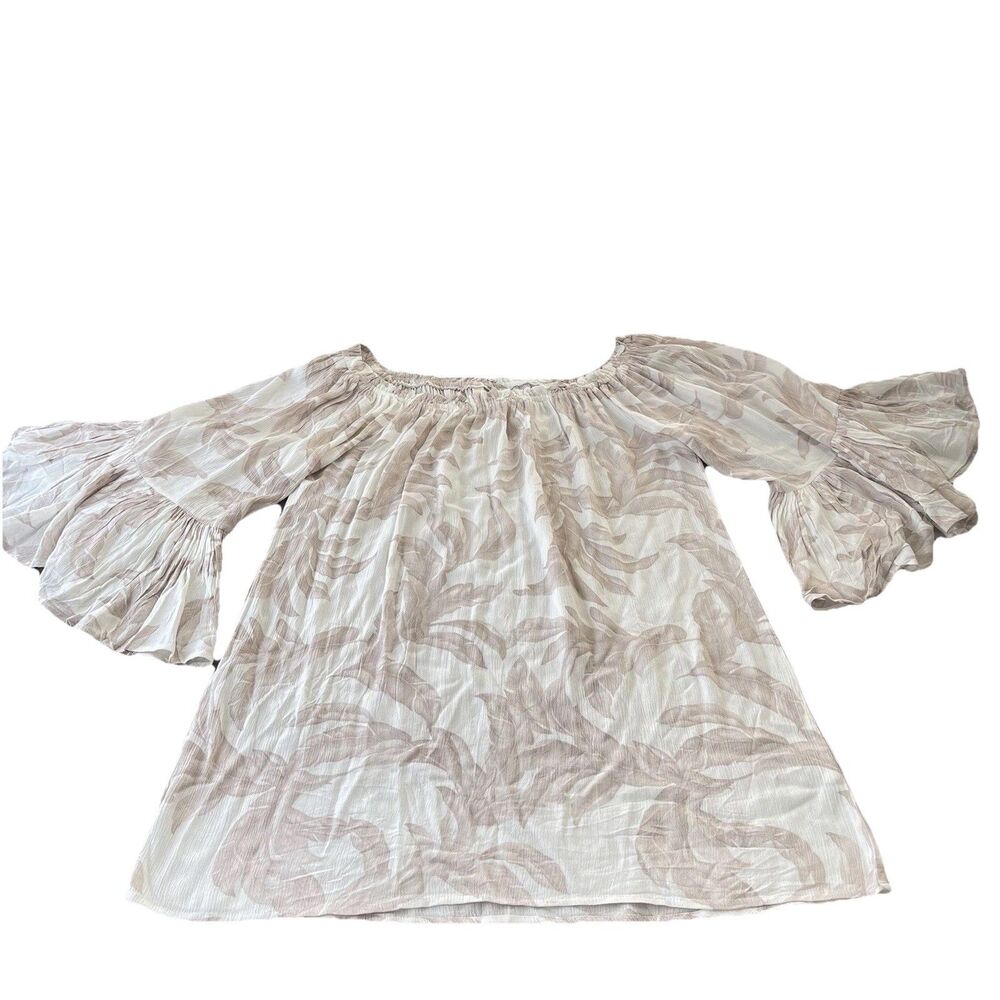 Elan White Tan Babydoll Bell Sleeve Top OS Floral Coquette Whimsical Ruffle
